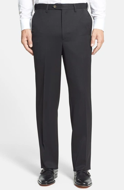 Shop Berle Self Sizer Waist Flat Front Classic Fit Wool Gabardine Trousers In Navy