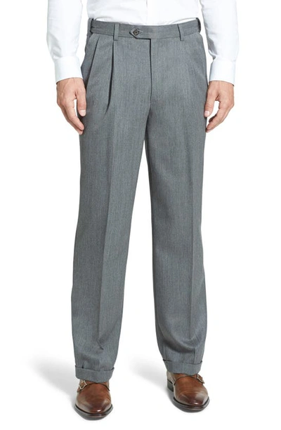 Shop Berle Self Sizer Waist Pleated Classic Fit Wool Gabardine Dress Pants In Medium Grey