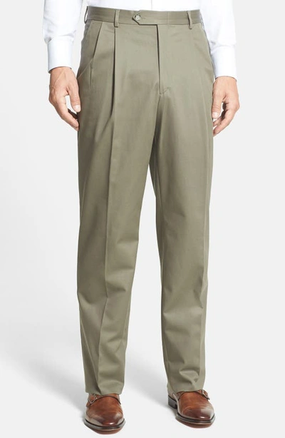 Shop Berle Pleated Classic Fit Cotton Dress Pants In Olive