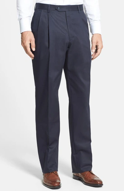 Shop Berle Pleated Classic Fit Cotton Dress Pants In Navy
