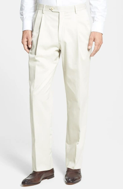Berle Self Sizer Waist Flat Front Classic Fit Microfiber Trousers In Stone