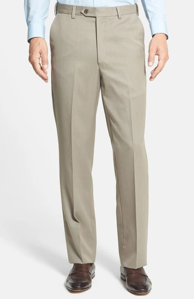 Shop Berle Self Sizer Waist Flat Front Classic Fit Wool Gabardine Trousers In Tan