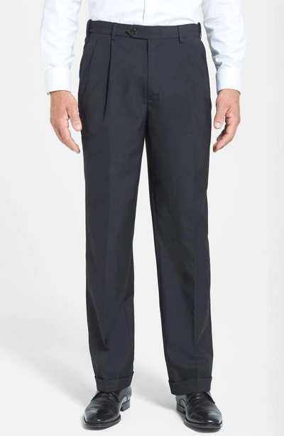 Shop Berle Self Sizer Waist Pleated Lightweight Plain Weave Classic Fit Trousers In Black