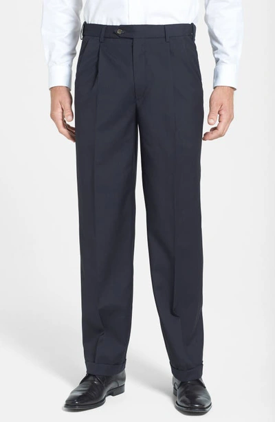 Shop Berle Self Sizer Waist Pleated Lightweight Plain Weave Classic Fit Trousers In Navy