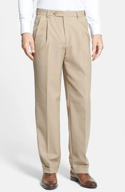 Shop Berle Self Sizer Waist Plain Weave Flat Front Washable Trousers In Tan