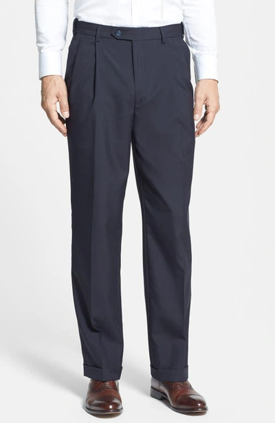 Shop Berle Self Sizer Waist Plain Weave Flat Front Washable Trousers In Navy