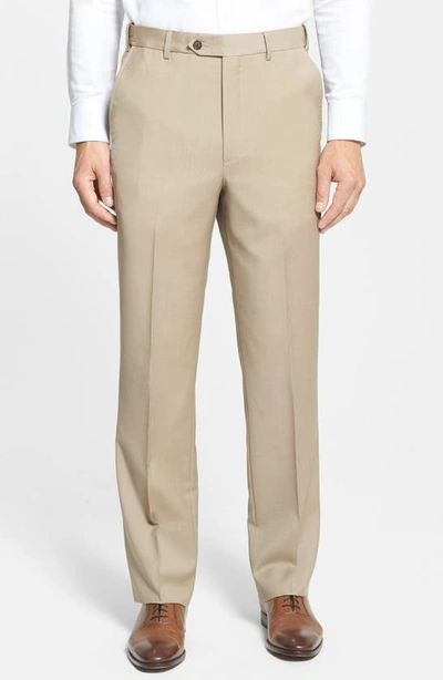 Shop Berle Self Sizer Waist Flat Front Lightweight Plain Weave Classic Fit Trousers In Tan