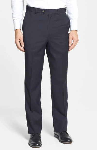 Shop Berle Self Sizer Waist Flat Front Lightweight Plain Weave Classic Fit Trousers In Navy