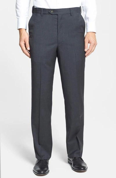 Shop Berle Self Sizer Waist Flat Front Lightweight Plain Weave Classic Fit Trousers In Charcoal