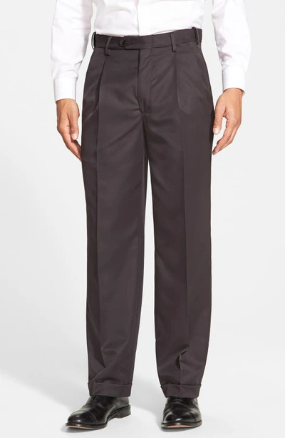 Shop Berle Self Sizer Waist Pleated Classic Fit Microfiber Trousers In Black