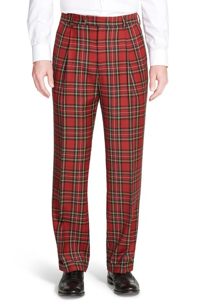 Shop Berle Touch Finish Pleated Classic Fit Plaid Wool Trousers In Red
