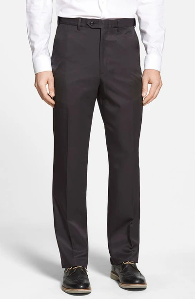 Shop Berle Self Sizer Waist Flat Front Classic Fit Microfiber Trousers In Black