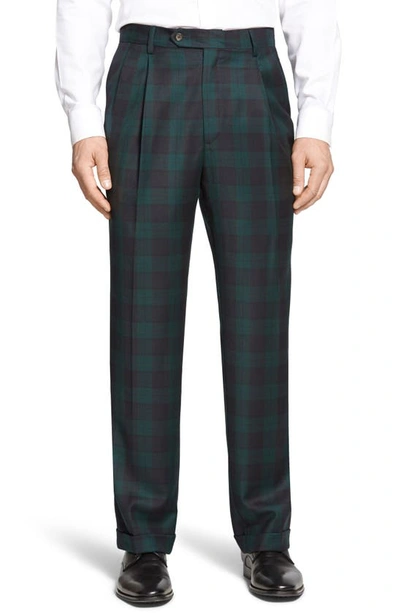 Shop Berle Touch Finish Pleated Classic Fit Plaid Wool Trousers In Green