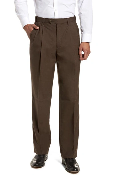 Shop Berle Self Sizer Waist Pleated Lightweight Plain Weave Classic Fit Trousers In Brown