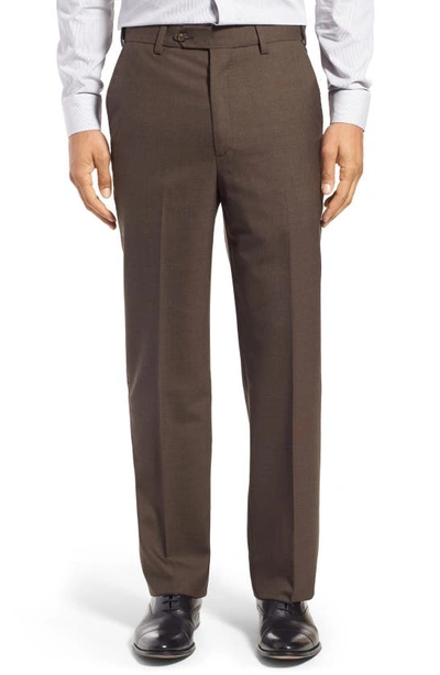 Shop Berle Self Sizer Waist Flat Front Lightweight Plain Weave Classic Fit Trousers In Brown