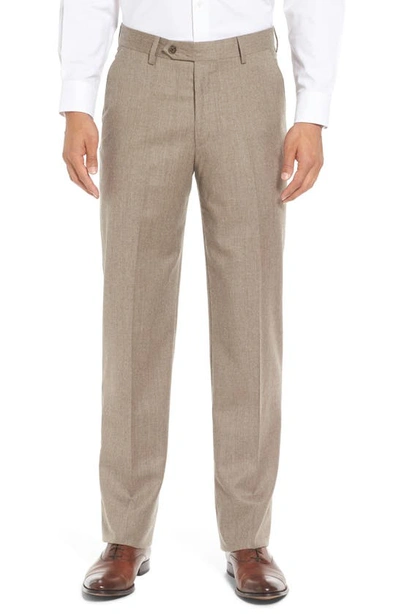 Shop Berle Lightweight Flannel Flat Front Classic Fit Dress Trousers In Heather Tan