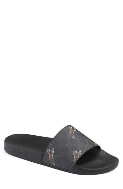 Shop Gucci Tiger Print Slide Sandal In Black