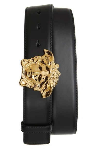Shop Versace Medusa Head Leather Belt In Black/gold