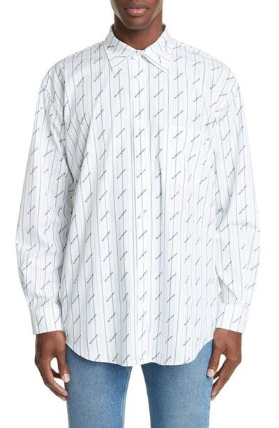 Shop Balenciaga Logo Stripe Poplin Shirt In White/black