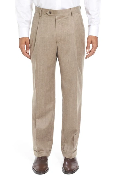 Shop Berle Lightweight Flannel Pleated Classic Fit Dress Trousers In Heather Tan