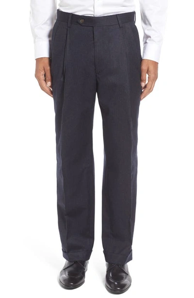 Shop Berle Lightweight Flannel Pleated Classic Fit Dress Trousers In Heather Navy