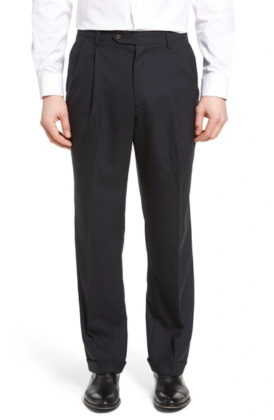 Shop Berle Lightweight Plain Weave Pleated Classic Fit Trousers In Navy