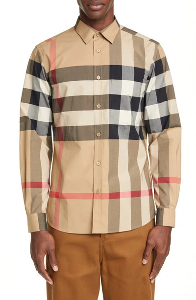 Shop Burberry Somerton Check Button-up Shirt In Camel