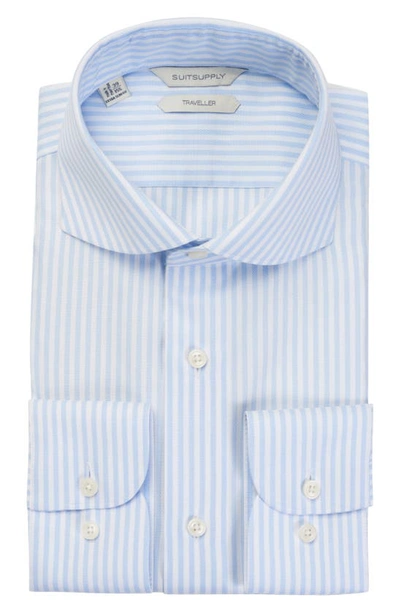 Shop Suitsupply Extra Slim Fit Stripe Travel Button-up Shirt In Light Blue