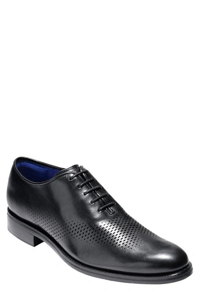 Shop Cole Haan Washington Grand Laser Plain Toe Wholecut Shoe In Black/ Bristol Blue Leather