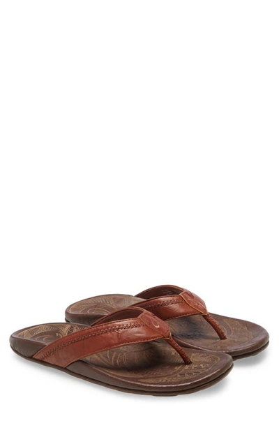 Shop Olukai Hiapo Flip Flop In Rum/ Dark Wood Leather