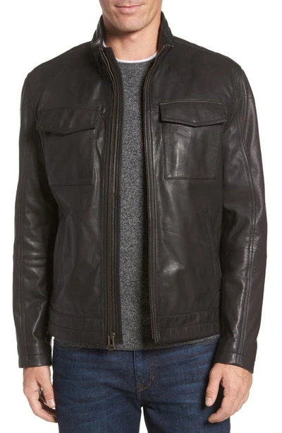 Shop Cole Haan Washed Leather Trucker Jacket In Black