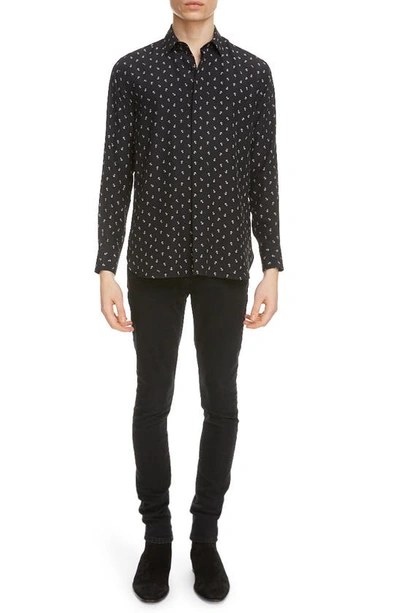 Shop Saint Laurent Anchor Print Long Sleeve Silk Button-up Shirt In Black