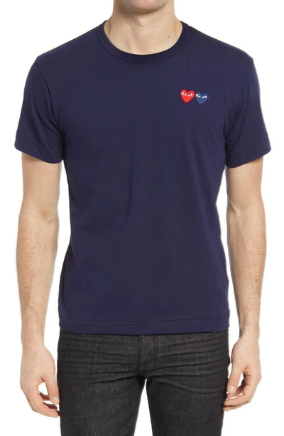 Shop Comme Des Garçons Play Twin Hearts Slim Fit Jersey T-shirt In Navy