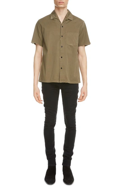 Shop Saint Laurent Raw Edge Herringbone Shirt In Khaki Stonewash