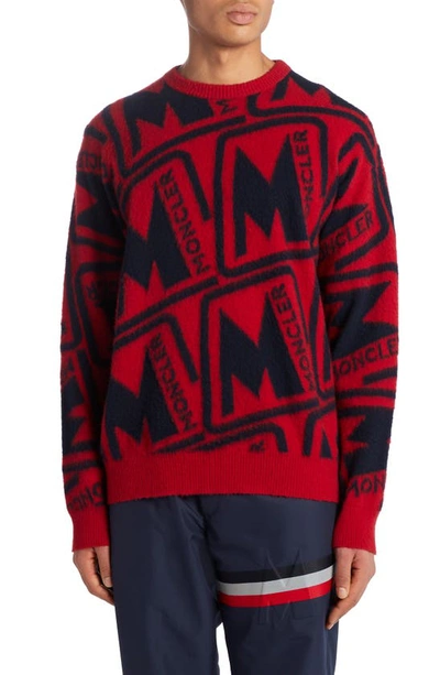 Shop Moncler M Motif Crewneck Wool Sweater In Red