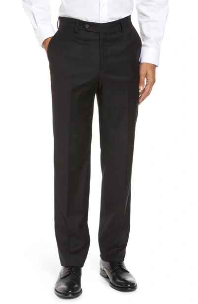 Shop Berle Flat Front Modern Fit Gabardine Stretch Wool Trousers In Black