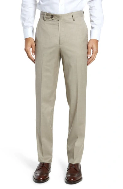 Shop Berle Flat Front Modern Fit Gabardine Stretch Wool Trousers In Tan