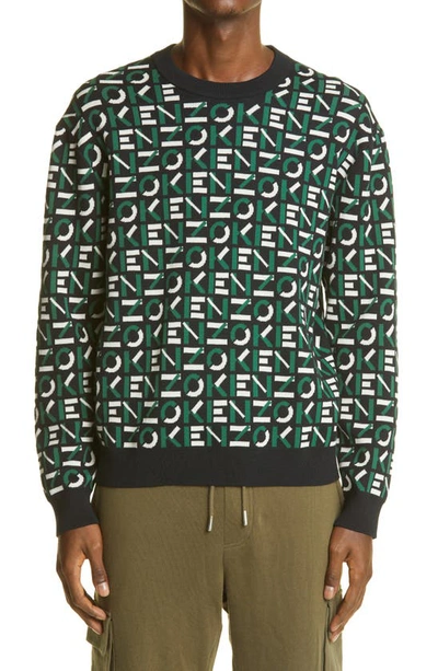 Shop Kenzo Logo Jacquard Cotton Blend Sweater In Green