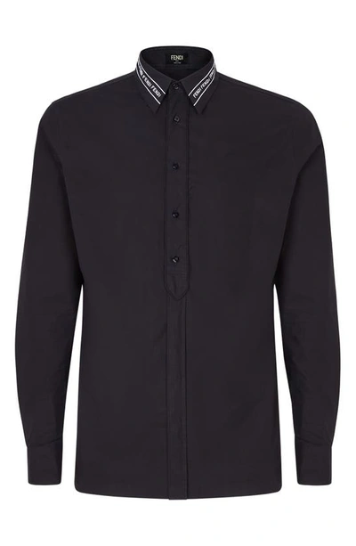 Shop Fendi Embroidered Logo Tape Button-up Shirt In Black