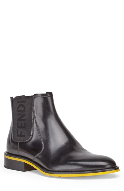 Shop Fendi Logo Chelsea Boot In Black/ Black