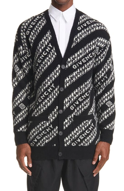 Shop Givenchy Intarsia Logo & Chain Link Wool Blend Cardigan In Black/ White