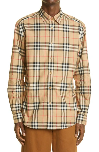 Shop Burberry Caxton Check Poplin Button-up Shirt In Archive Beige Ip Chk