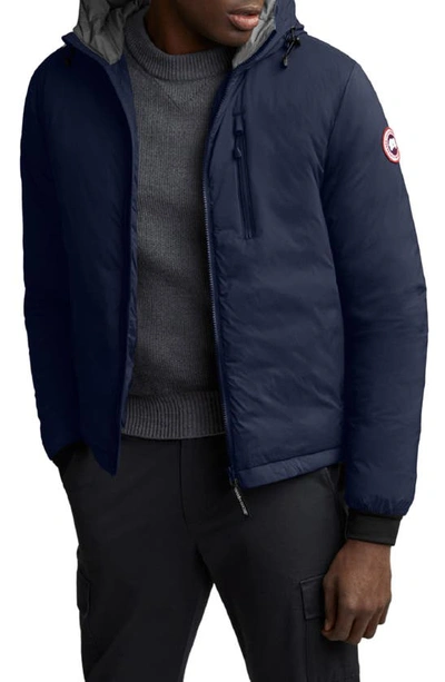 Shop Canada Goose Lodge Packable Windproof 750 Fill Power Down Hooded Jacket In Atlantic Navy