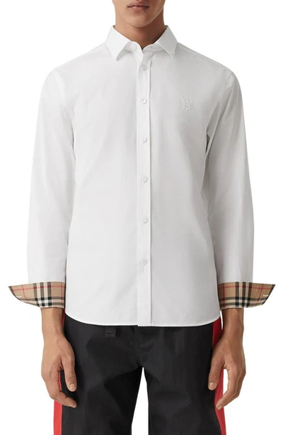 Shop Burberry Sherwood Monogram Motif Slim Fit Stretch Poplin Button-up Shirt In White