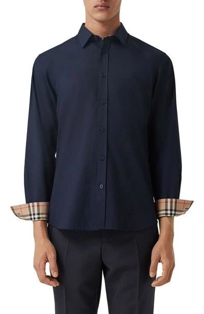 Shop Burberry Sherwood Monogram Motif Slim Fit Stretch Poplin Button-up Shirt In Navy