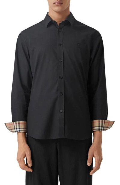 Shop Burberry Sherwood Monogram Motif Slim Fit Stretch Poplin Button-up Shirt In Black