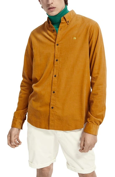 Shop Scotch & Soda Regular Fit Corduroy Button-down Shirt In Camel