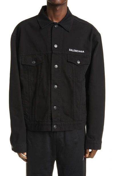 Shop Balenciaga All Black Denim Jacket In Pitch Black