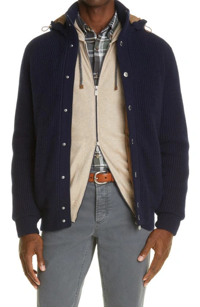 Shop Brunello Cucinelli Cashmere Knit Down Hooded Bomber Jacket In Navy