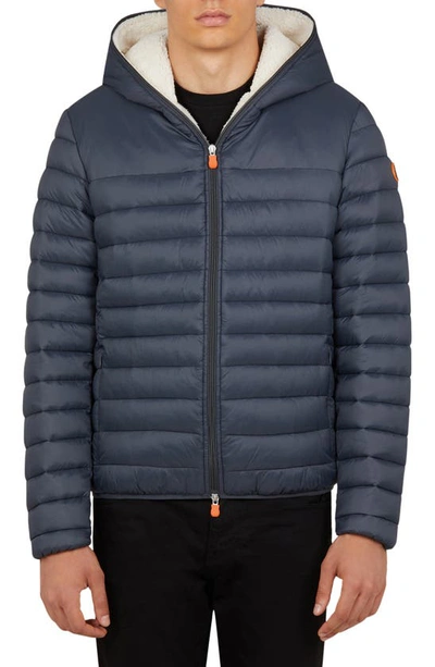 Shop Save The Duck Giga Waterproof Faux Shearling Lined Puffer Jacket In Navy Blue